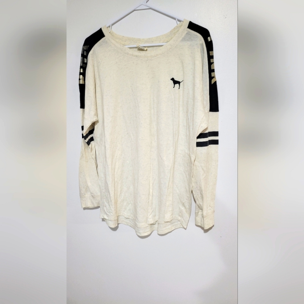  PINK White and Black Long Sleeve T-Shirt With Dog On Front Size L.